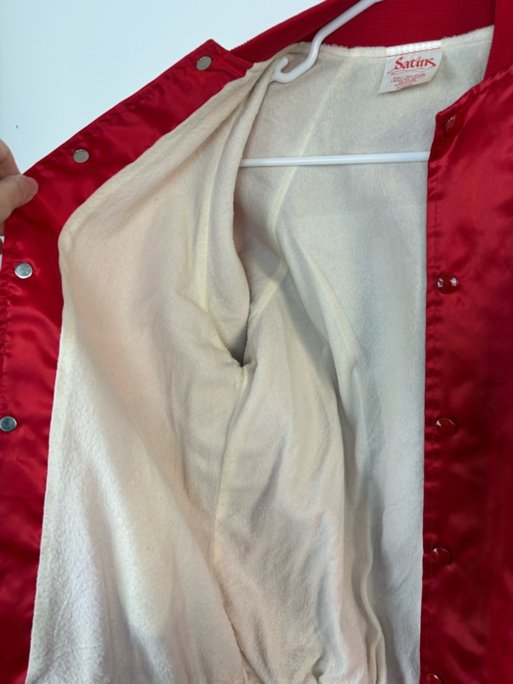 Vintage 80s Red Satin Graphic Bomber Jacket with Horse Stable Design size Small - Picture 5 of 9